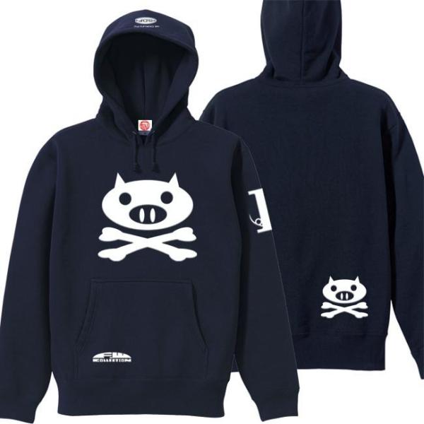 ドクロ おもしろ ブタ パーカー プルオーバー ぶたドクロ S M L XL ネイビー