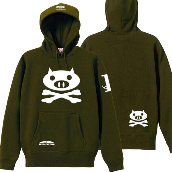 ドクロ おもしろ ブタ パーカー プルオーバー  ぶたドクロ S M L XL オリーブ