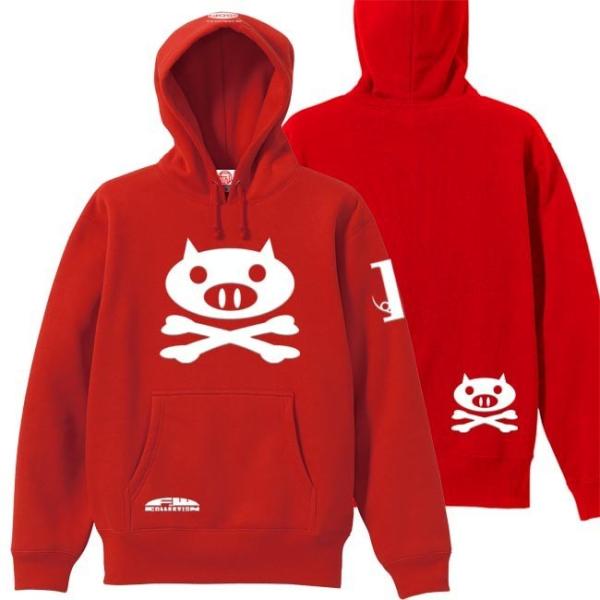 ドクロ おもしろ ブタ パーカー プルオーバー ぶたドクロ 3L XXL レッド