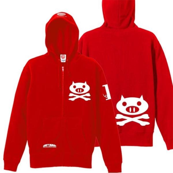 ドクロ おもしろ ブタ パーカー ジップアップ ぶたドクロ S M L XL レッド