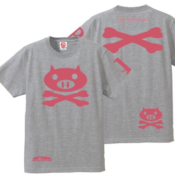 ドクロ おもしろ ブタ Tシャツ 半袖 ぶたドクロ 3L XXL ミックスグレー ピンクプリント