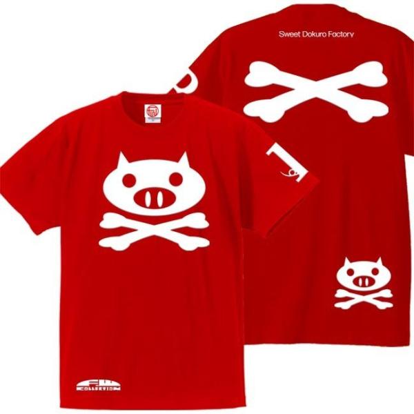 ドクロ おもしろ ブタ Tシャツ 半袖 ぶたドクロ 3L XXL レッド