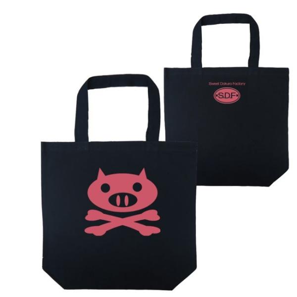 ドクロ おもしろ ぶた トートバッグ ぶたドクロ ブラック ピンクプリント