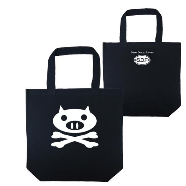 ドクロ おもしろ ぶた トートバッグ ぶたドクロ ブラック ホワイトプリント