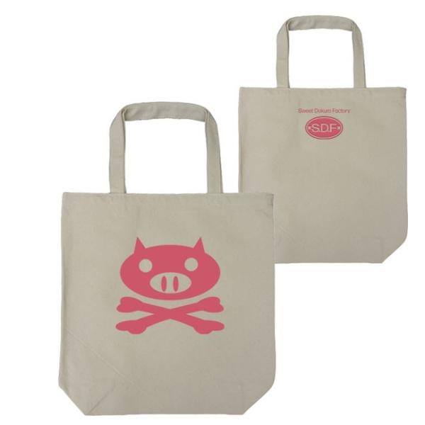 ドクロ おもしろ ぶた トートバッグ ぶたドクロ ナチュラル ピンクプリント
