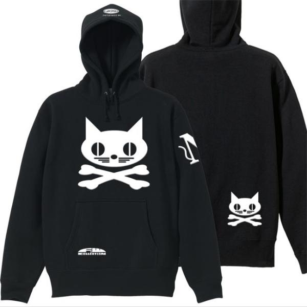 キッズ ねこドクロ プルオーバーパーカー 130 150 ブラック ホワイトプリント おもしろパーカ...