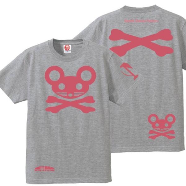 キッズ ドクロTシャツ 半袖 ねずドクロ 90〜160 ミックスグレー ピンクプリント おもしろTシ...