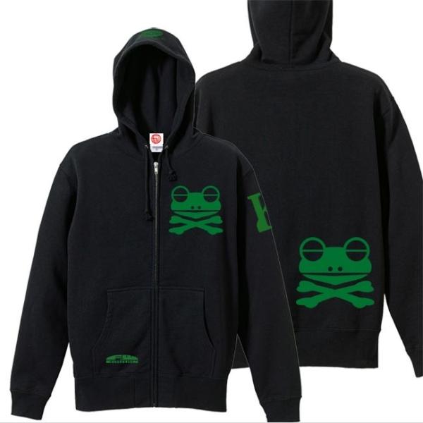 ドクロ おもしろ カエル パーカー ジップアップ かえドクロ S M L XL ブラック グリーンプ...