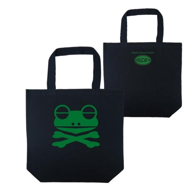 ドクロ おもしろ カエル トートバッグ かえドクロ ブラック グリーンプリント
