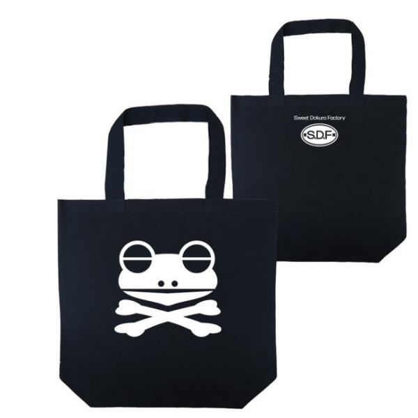ドクロ おもしろ カエル トートバッグ かえドクロ ブラック ホワイトプリント