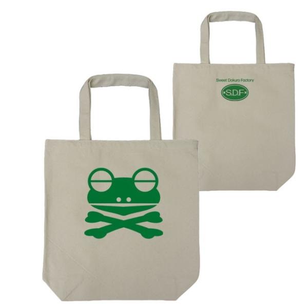 ドクロ おもしろ カエル トートバッグ かえドクロ ナチュラル グリーンプリント