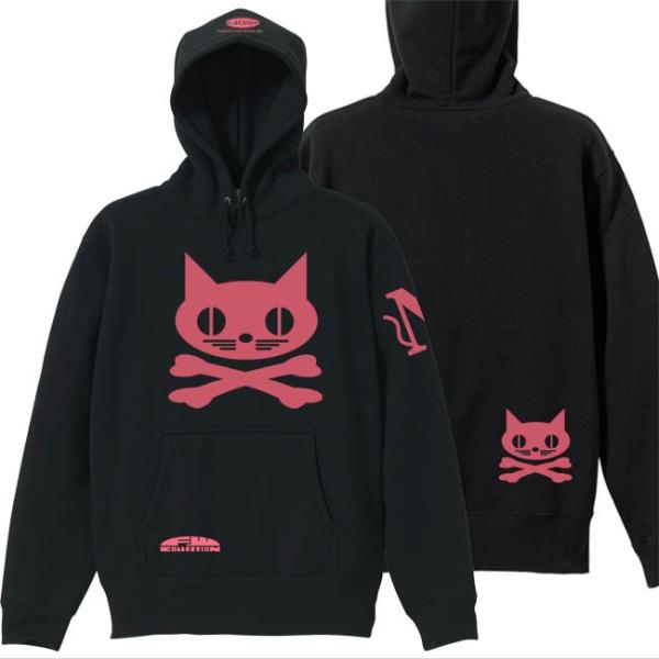 ドクロ おもしろ 猫 パーカー プルオーバー  ねこドクロ 4L XXXL ブラック ピンクプリント