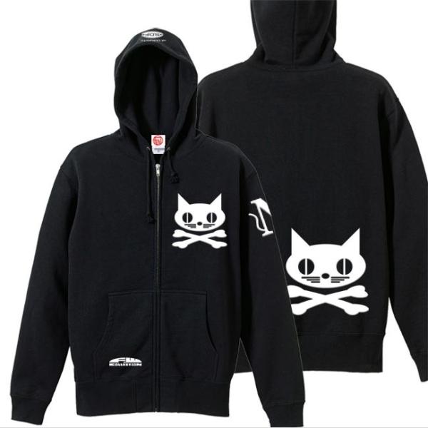 ドクロ おもしろ 猫 パーカー ジップアップ ねこドクロ S M L XL ブラック ホワイトプリン...