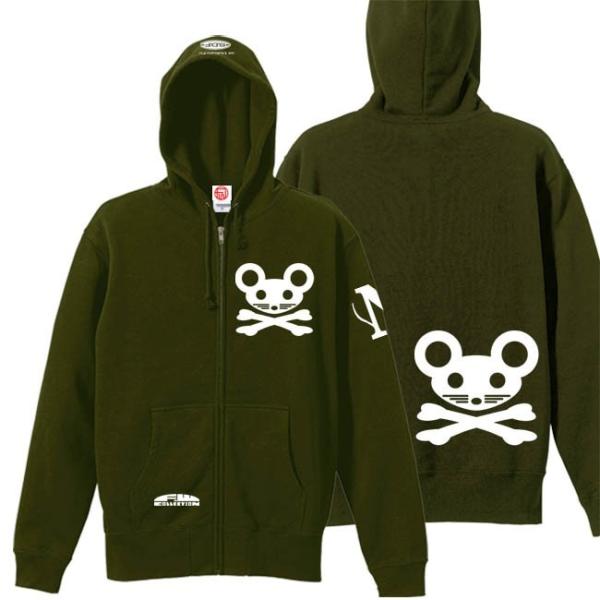 ドクロ おもしろ ネズミ パーカー ジップアップ ねずドクロ S M L XL オリーブ