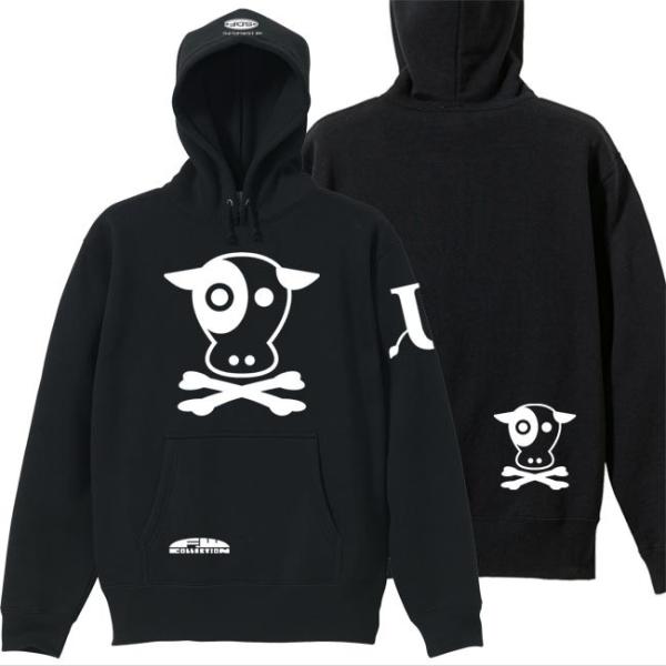 ドクロ おもしろ 牛 パーカー プルオーバー うしドクロ S M L XL ブラック ホワイトプリン...