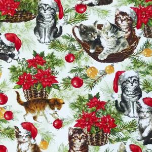 TT-3980 バスケットに入ったポインセチアと子ネコ グリーンの松葉/オールオーバー コットンプリント生地