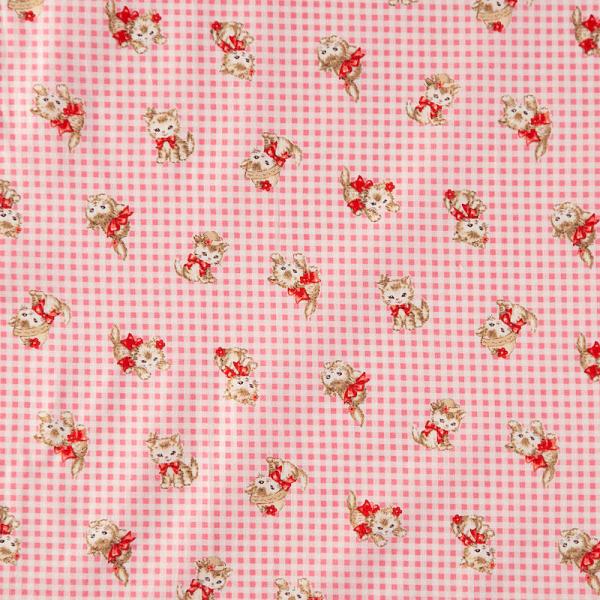 F-4503 赤いリボンの子ネコ ピンク/ギンガムチェック コットンプリント生地