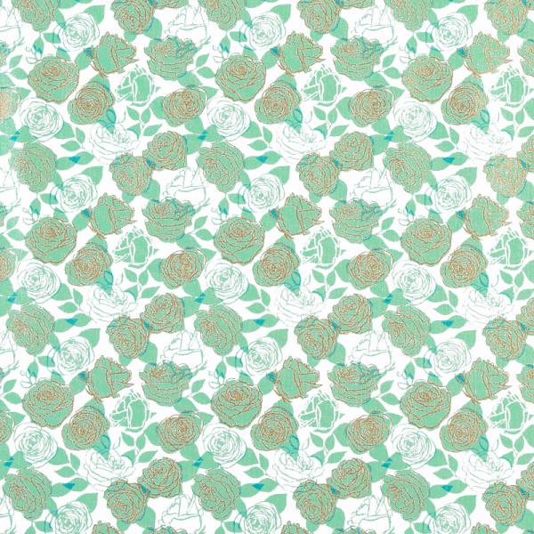 MO-4604 バラ グリーン/金ラメ クリーム コットンプリント生地