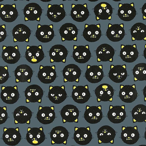 暗闇で目が光る黄色い耳の黒ネコ グレー/蓄光 MO-4846 コットンプリント生地