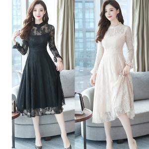 2018秋新作 レディース フルレース ワンピース 長袖 ロング丈 秋冬用 フェミニン 着やせ ハイネック パーティードレス 結婚式 二次会 膝下 秋ワンピ