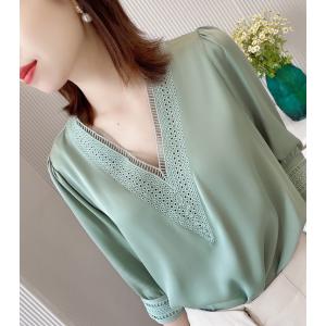 ブラウス レディース 40代 春夏 オシャレブラウス 白 韓国風 五分袖トップス シルク風 tシャツ レースvネックトップス 薄手 ゆったり 体型カバー 上品 通勤