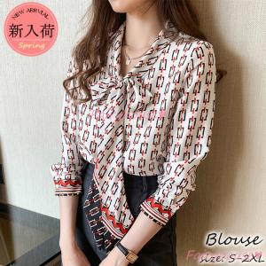 ブラウス レディース きれいめ 40代 春夏秋新作 オシャレブラウス シルク風 プリントシャツ リボンネック 長袖トップス 大人 通勤OL ゆったり シャツ30代 50代