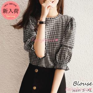 ブラウス レディース 40代 春夏新作 オシャレブラウス チェック柄シャツ パフスリーブ 五分袖トップス 大人 通勤OL ゆったり シャツ30代 50代