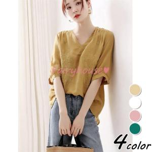 ブラウス レディース 40代 春夏新作 オシャレブラウス 白リネンシャツ 半袖トップス レース刺繍 vネックブラウス上品 大人 通勤OL ゆったりシャツ 30代 50代