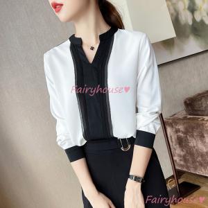 ブラウス レディース 長袖ブラウス 秋新作 オフィスブラウス vネック オシャレブラウス 白シフォントップス 大人 上品 通勤OL ゆったりTシャツ 40代 30代 50代