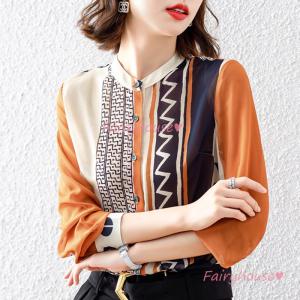 ブラウス レディース 長袖ブラウス 秋服 オフィスブラウス プリント オシャレブラウス シフォントップス 韓国風 大人 上品 通勤OL ゆったりシャツ 40代 50代