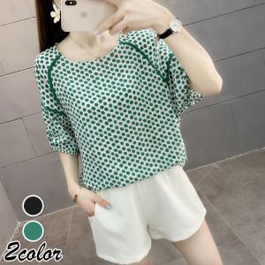 ブラウス レディース 40代 春夏新作 オシャレブラウス シフォンブラウス きれいめ ドット柄 パフスリーブ 五分袖トップス 上品Tシャツ 通勤 ゆったりtシャツ