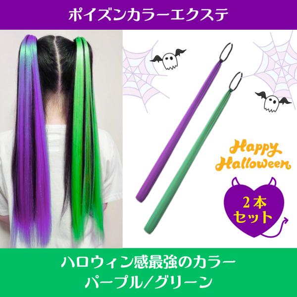 ヘアエクステ 2本セット コスプレ ゴム付き　パープル　グリーン　ダンスアクセ  ストレート　ハロウ...