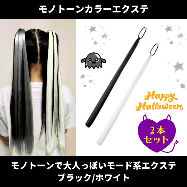 ヘアエクステ 2本セット コスプレ ゴム付き　ホワイト　黒　モノトーン　ダンスアクセ 可愛い　ストレ...