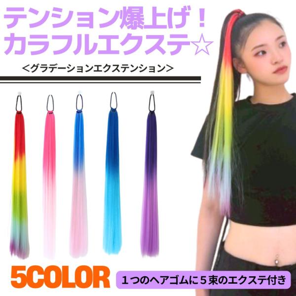 ヘアエクステ　ゴム付き　グラデーション 5色　5束 ダンスアクセ　カラフルエクステ 簡単装着　推し活...