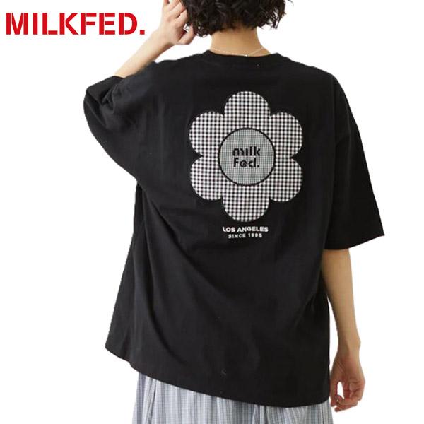 ミルクフェド MILKFED. レディース 半袖Tシャツ ワイドT ギンガム フラワー ロゴ 刺繍 ...