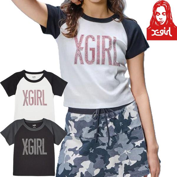 X-girl エックスガール レディース ラグランTシャツ 半袖 RHINESTONE VERTIC...