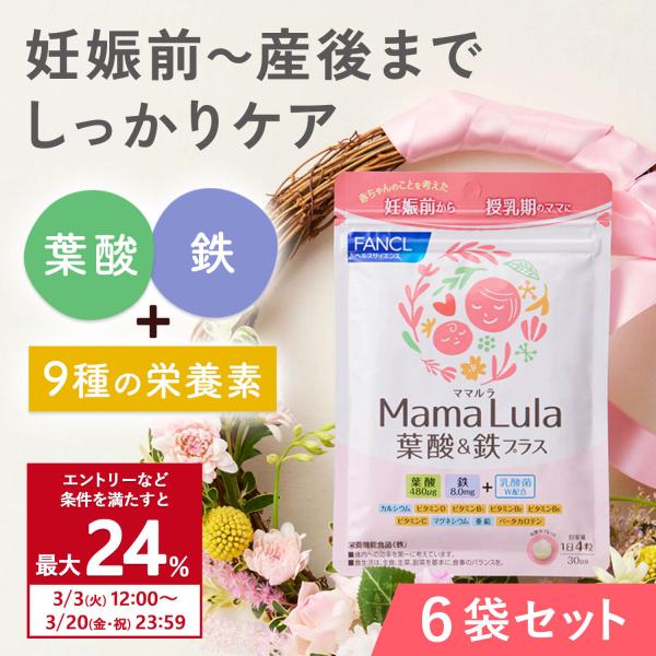 Mama Lula ママルラ 葉酸 &amp; 鉄プラス 栄養機能食品 30日分×6袋 サプリメント 葉酸サ...