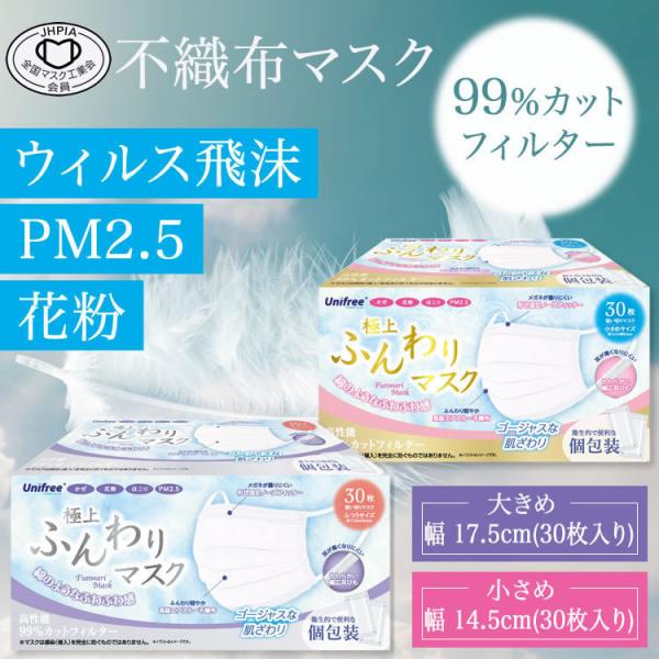 極上ふんわりマスク（一枚包装） 30枚入(普通・小さめサイズ）／個包装  使い捨て 99％カット マ...