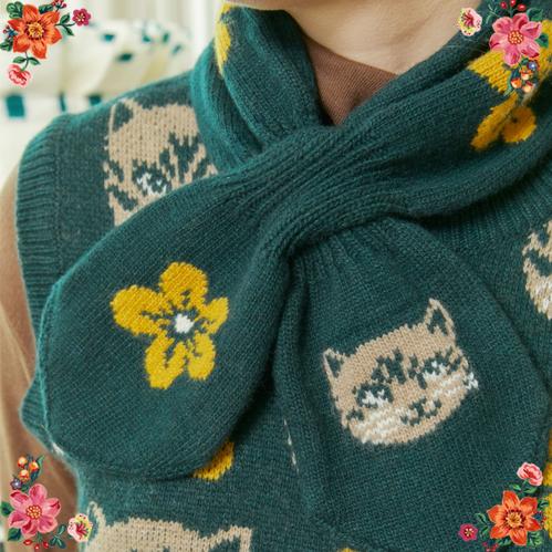 ナタリー・レテ プチ・マフラー ハロー・キャット・グリーン　縞猫のディープ・グリーン・キャンディ・マ...