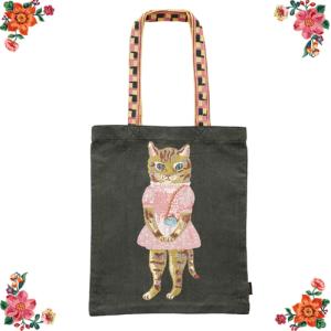 ハンドメイド 猫と花のトートバッグ 手提げ　A4 ナタリーレテ　生地　他 A_（エース） ナタリーレテ トートバッグ｜Tote bag エコバッグ お
