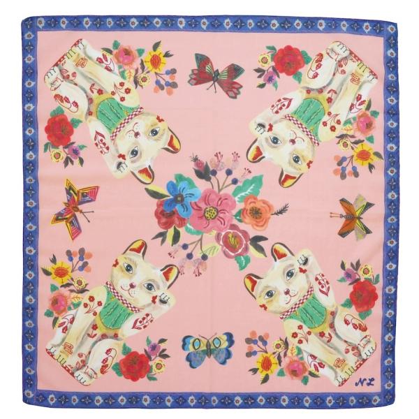 ナタリー・レテ ラージ・ハンカチ ラッキー・キャット　白招き猫のミニ・コットンスカーフ