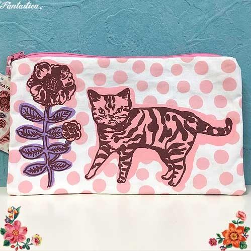 ナタリー・レテ キャンバス・ポーチ キャット&amp;オウル 猫とフクロウのドット・ポーチ