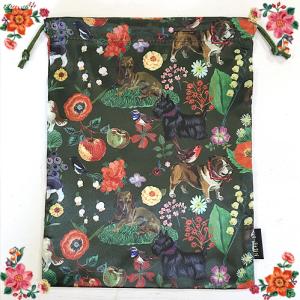 ナタリー・レテ サテン・ドローストリングポーチ ドッグ&フラワー　犬たちとお花の巾着
