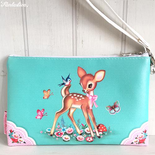 WU&amp;WU フィオナ・ヒューイット グリーン・バンビ・メイクアップ・ポーチ