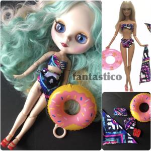 バービー人形用ドール用アウトフィット♪ビキニ水着とパレオ、サンダル、浮き輪の5点セット☆ブライスドールにも♪