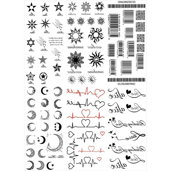 タトゥーシール バーコード 英文字 星 月 太陽 ハート 通常サイズ・6種6枚 ymp6010