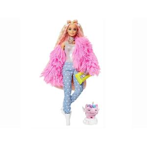 バービー エクストラ ブロンド ポーザブル ドール ピンクのファージャケット ユニコーンピッグのフィギュア付き 人形 Barbie Extra (GRN28)｜far-out