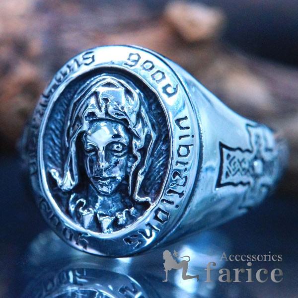 シルバーアクセサリー マリア 聖母 クロス 十字架 指輪 メンズ フリーサイズ リング