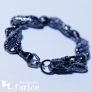 ブラックロジウムコーティング リアルな牙・角・ドット柄打ち出し鱗のメタリックブラックドラゴン(龍)メンズブレスレット