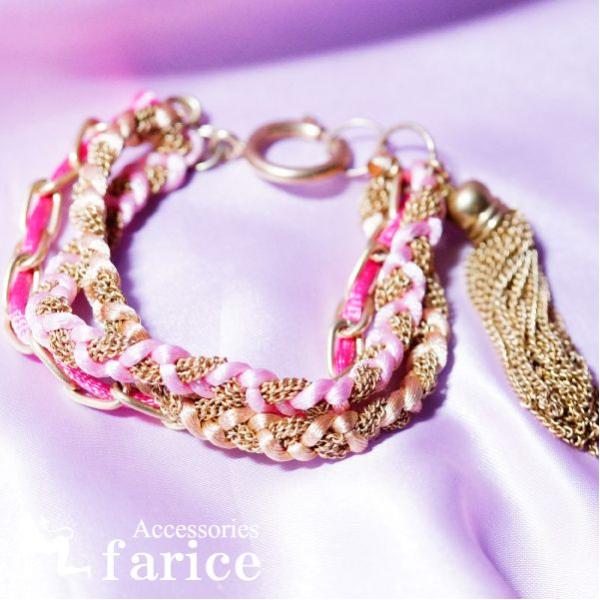 ゴールド&amp;パールピンク&amp;パステルピンク紐 編み込み3連デザイン ゴールドカラーチェーンドロップ装飾 ...